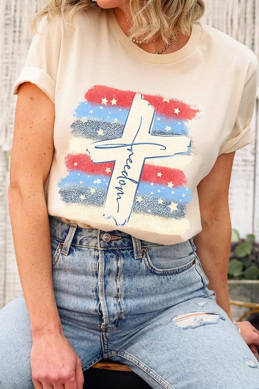 Freedom Cross 4th of July Graphic Unisex Crew Neck T Shirts