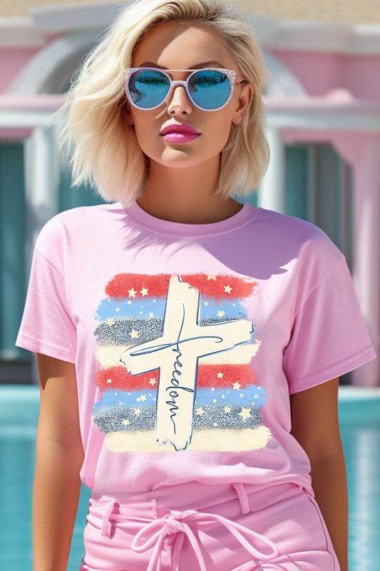 Freedom Cross 4th of July Graphic Unisex Crew Neck T Shirts