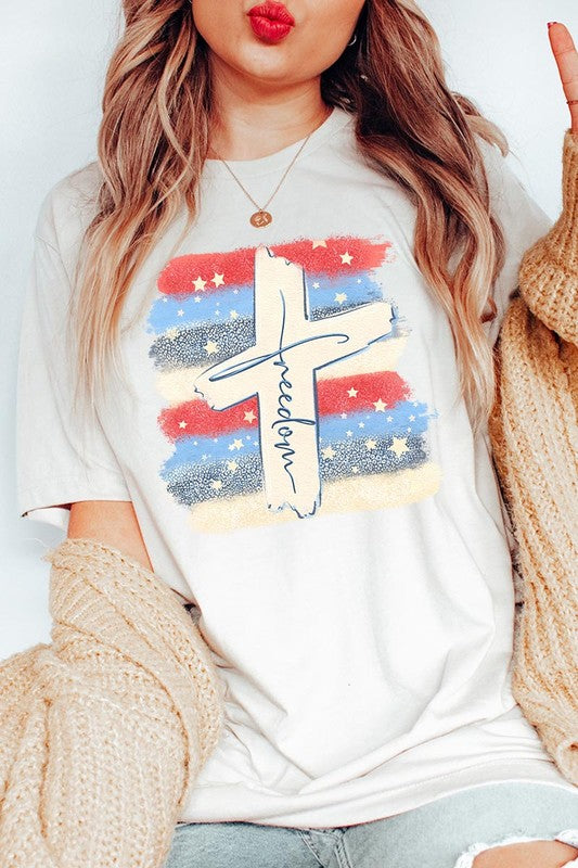 Freedom Cross 4th of July Graphic Unisex Crew Neck T Shirts