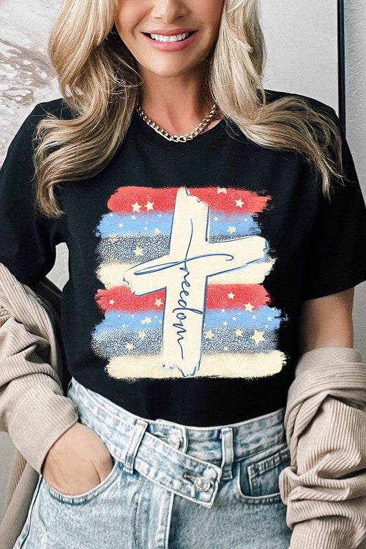 Freedom Cross 4th of July Graphic Unisex Crew Neck T Shirts