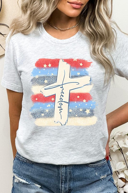 Freedom Cross 4th of July Graphic Unisex Crew Neck T Shirts