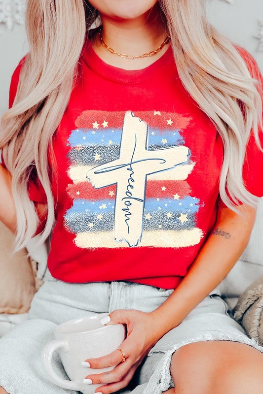 Freedom Cross 4th of July Graphic Unisex Crew Neck T Shirts