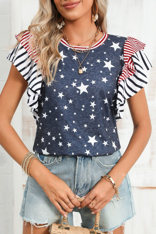 Flag Stripe Ruffle Sleeve Shirt USA
