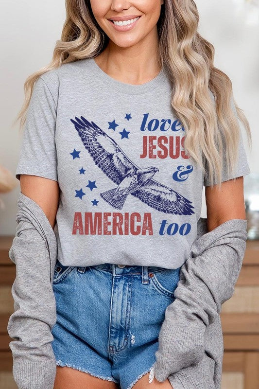 Loves Jesus and America Too Graphic Unisex Crew Neck T Shirts
