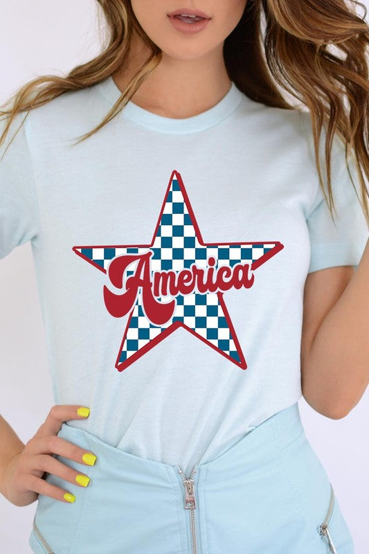 America Checkered Star Graphic T Shirts