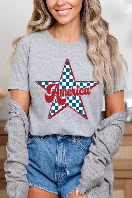America Checkered Star Graphic T Shirts