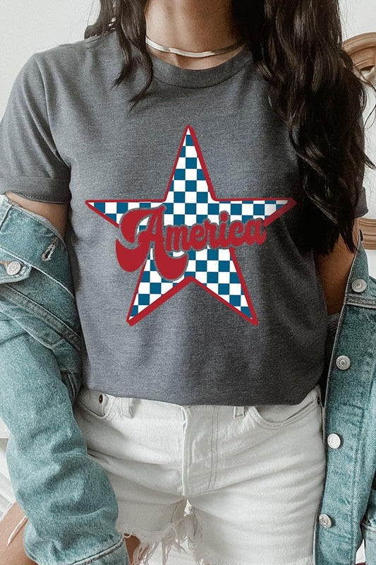 America Checkered Star Graphic T Shirts