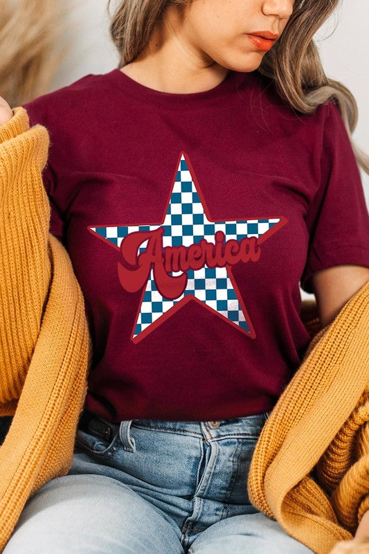 America Checkered Star Graphic T Shirts