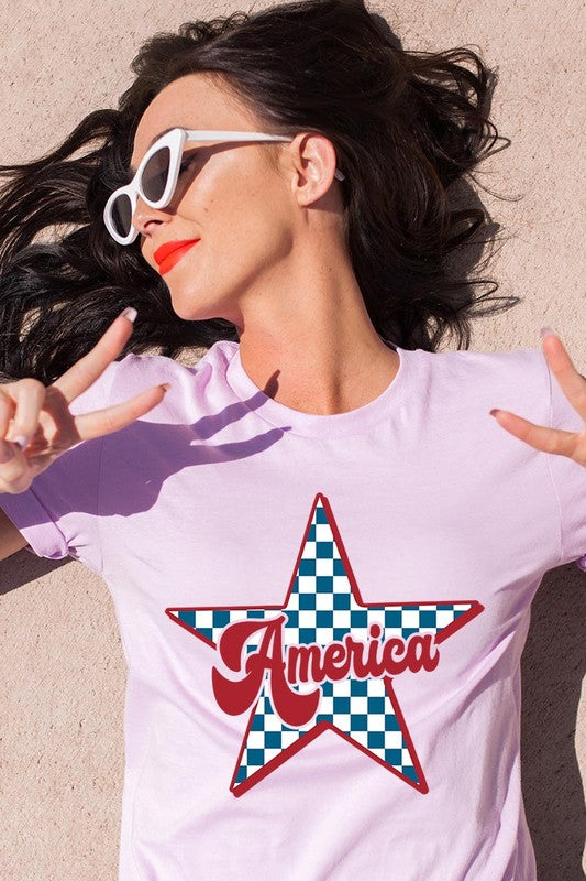 America Checkered Star Graphic T Shirts