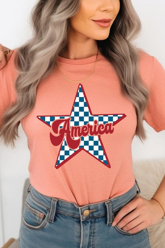 America Checkered Star Graphic T Shirts