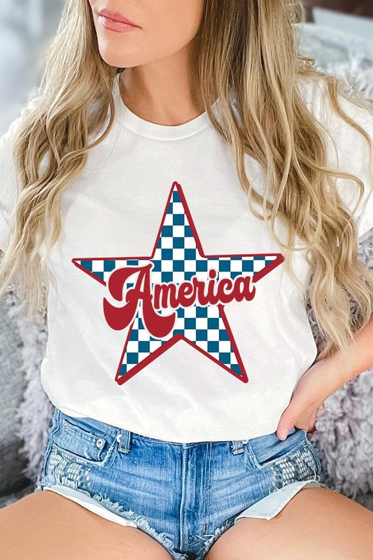America Checkered Star Graphic T Shirts
