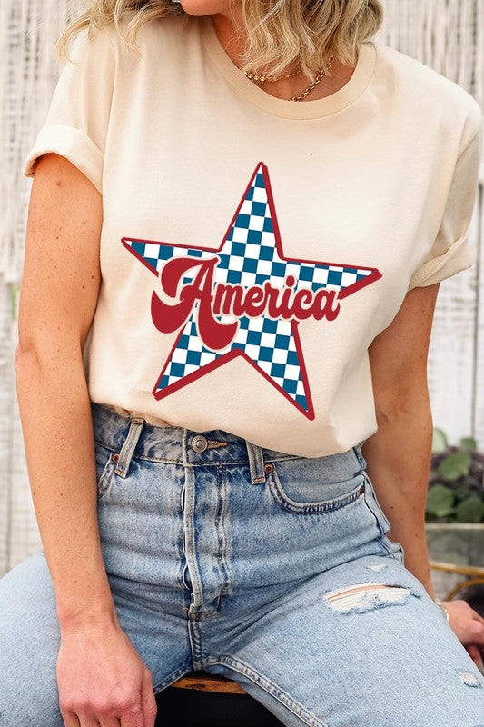 America Checkered Star Graphic T Shirts