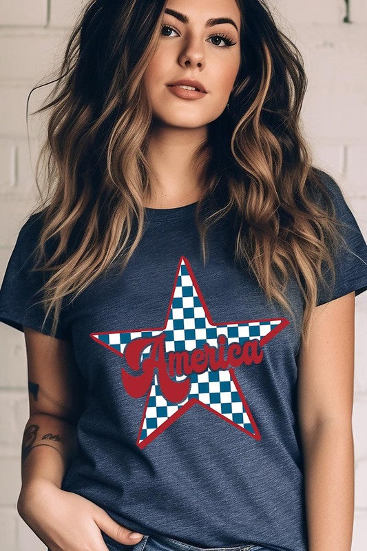 America Checkered Star Graphic T Shirts