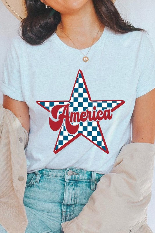 America Checkered Star Graphic T Shirts