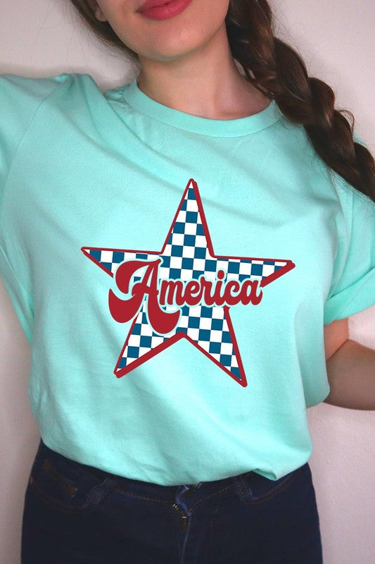 America Checkered Star Graphic T Shirts
