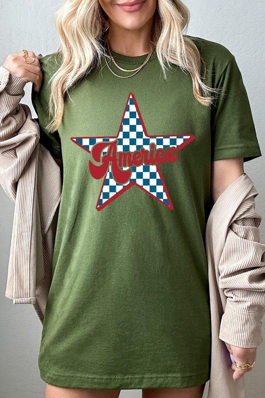 America Checkered Star Graphic T Shirts