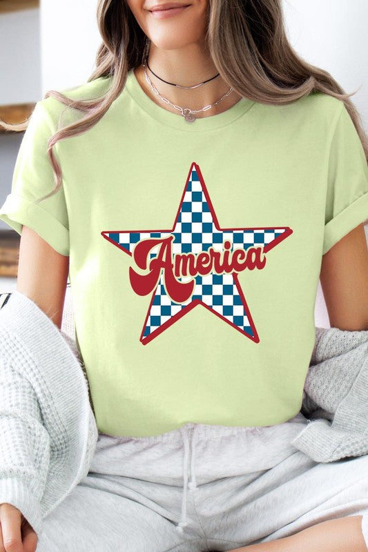 America Checkered Star Graphic T Shirts