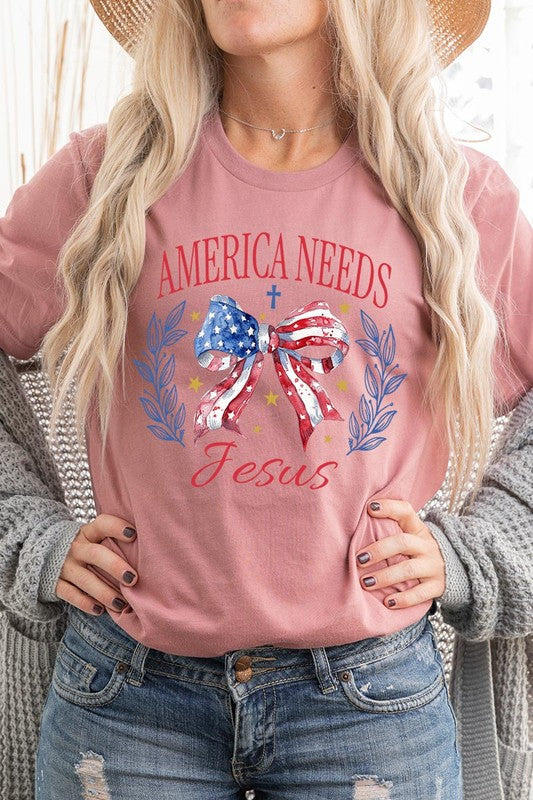 Bow America Needs Jesus Graphic Unisex Crew Neck T Shirts
