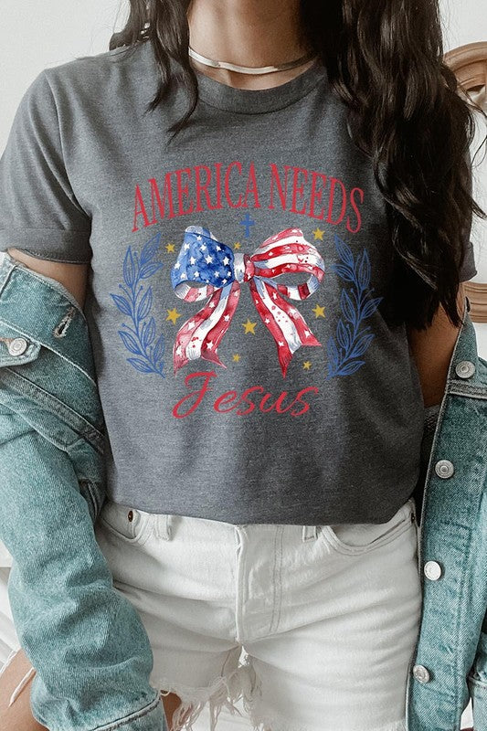 Bow America Needs Jesus Graphic Unisex Crew Neck T Shirts