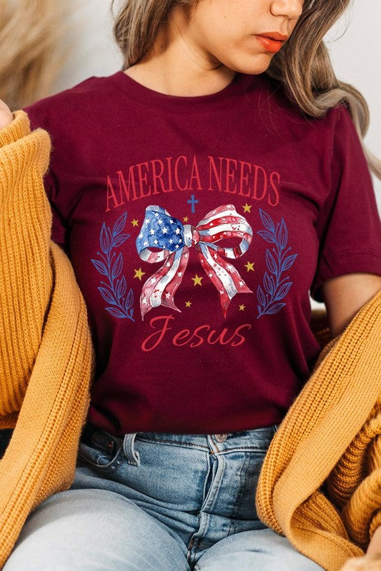 Bow America Needs Jesus Graphic Unisex Crew Neck T Shirts