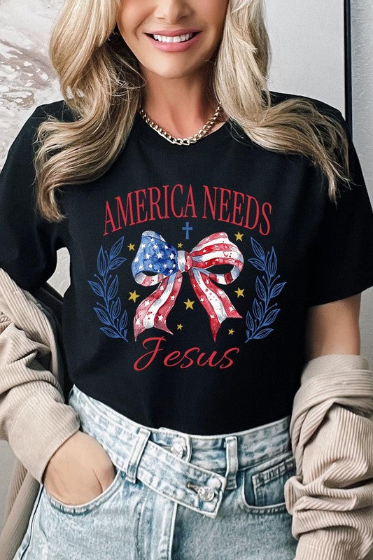 Bow America Needs Jesus Graphic Unisex Crew Neck T Shirts