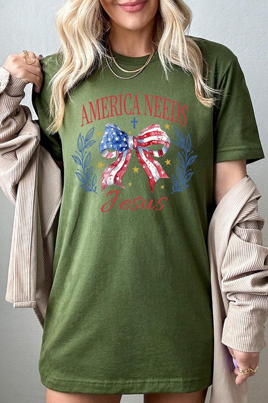 Bow America Needs Jesus Graphic Unisex Crew Neck T Shirts