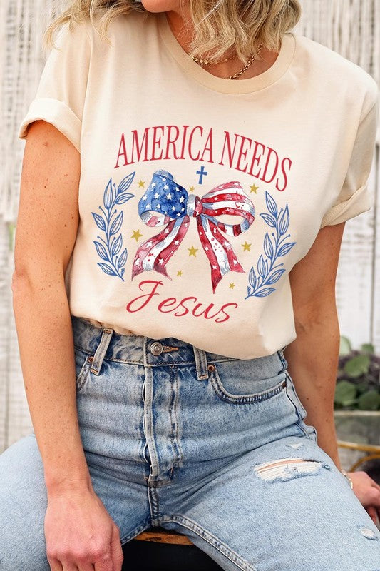 Bow America Needs Jesus Graphic Unisex Crew Neck T Shirts