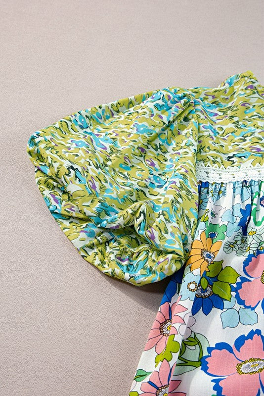 Retro Bubble Sleeve lace panel Green Tunic Top