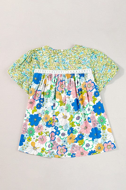 Retro Bubble Sleeve lace panel Green Tunic Top