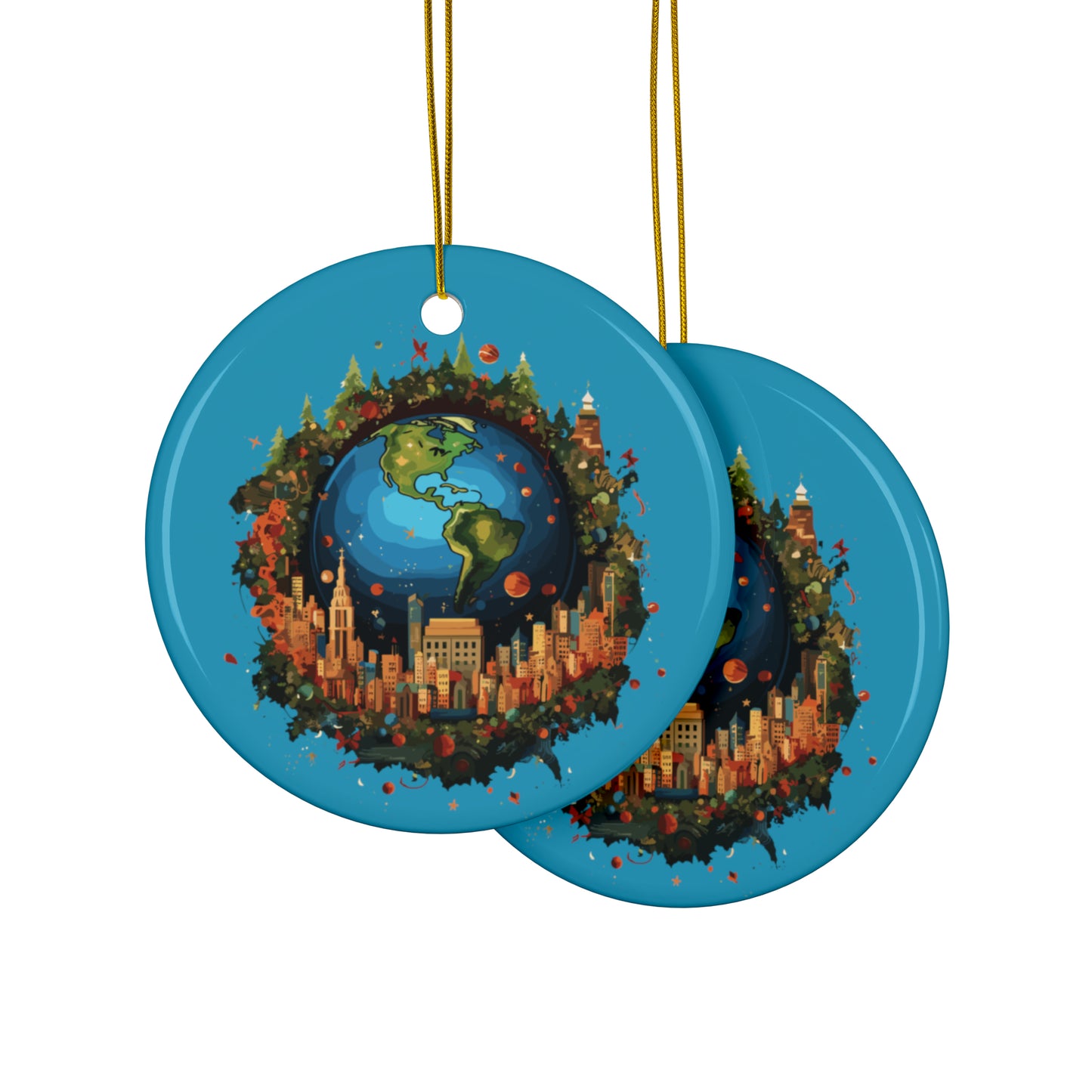 Earth in Christmas decorations and a big Christmas tree, Turquoise Ceramic Ornaments (1pc, 3pcs, 5pcs, 10pcs)