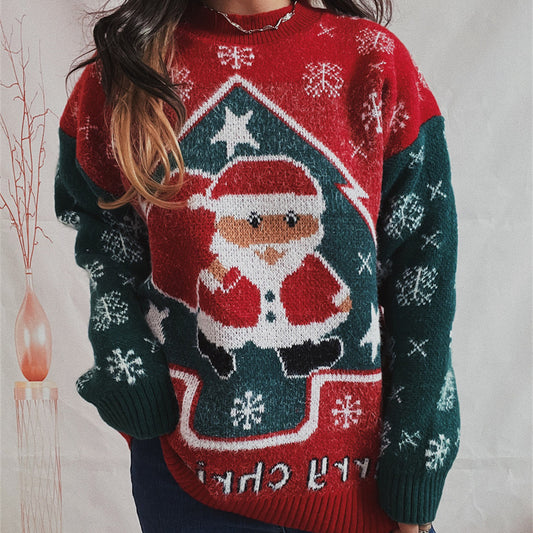 Santa Snowflake Color Contrast Patchwork Round Neck Long Sleeve Knitted Pullover Sweater