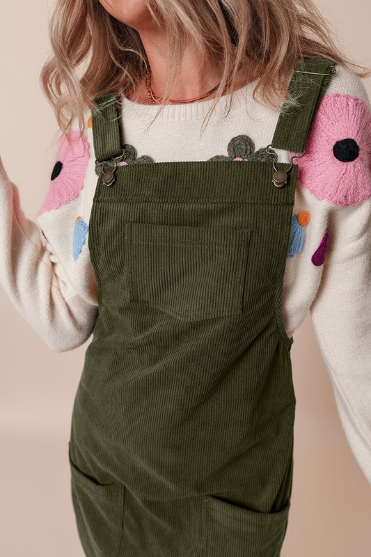 Vineyard Green Corduroy Front Pockets Overall Dress