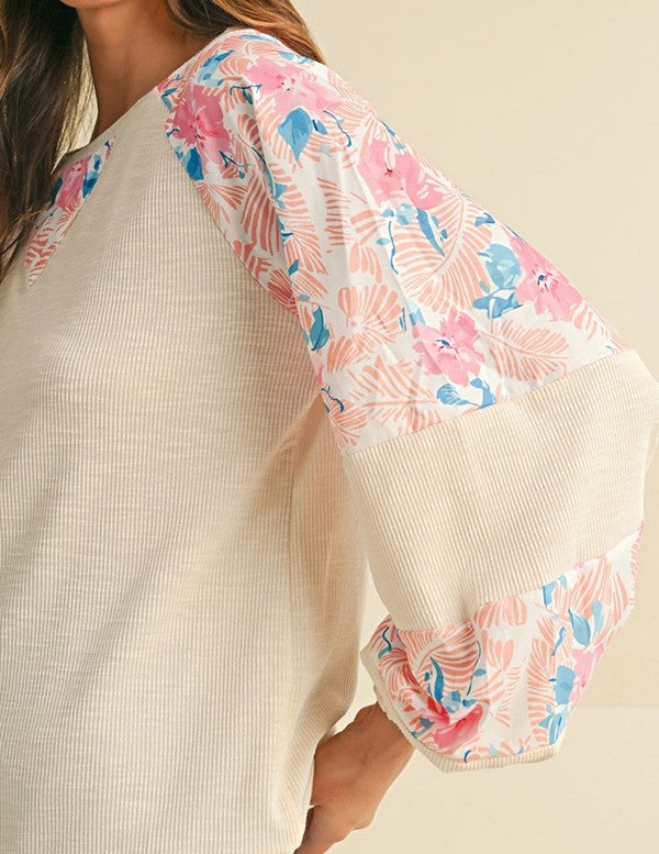 Cotton Ribbed Floral Stitch Balloon Pullover Sweatshirt