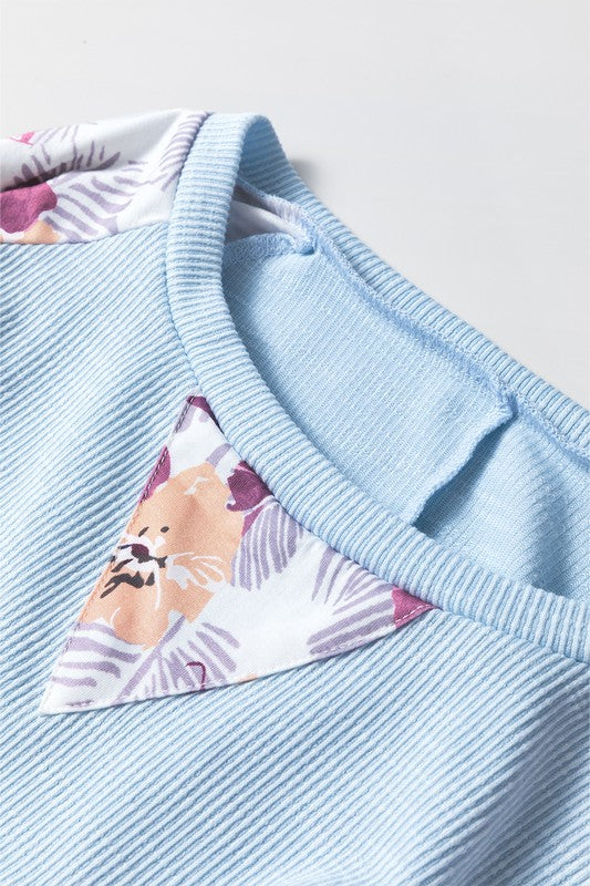 Cotton Ribbed Floral Stitch Balloon Pullover Sweatshirt