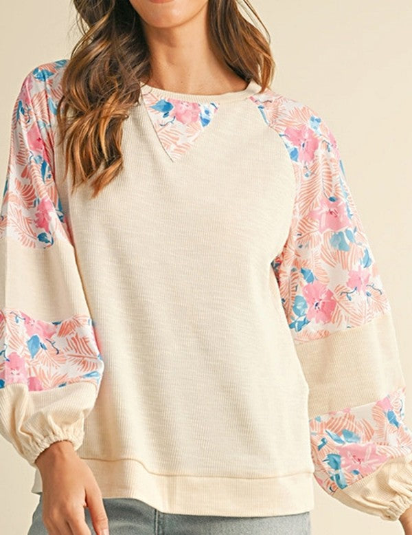 Cotton Ribbed Floral Stitch Balloon Pullover Sweatshirt
