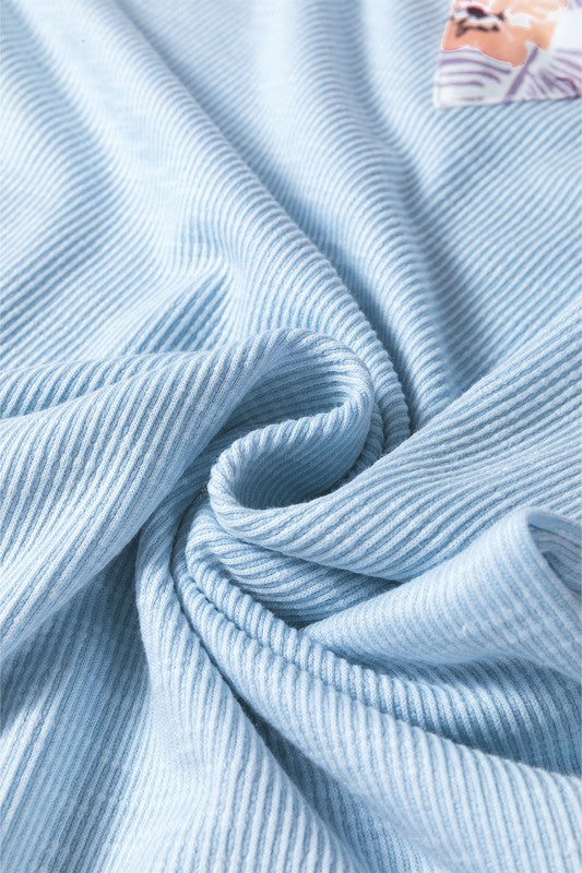 Cotton Ribbed Floral Stitch Balloon Pullover Sweatshirt