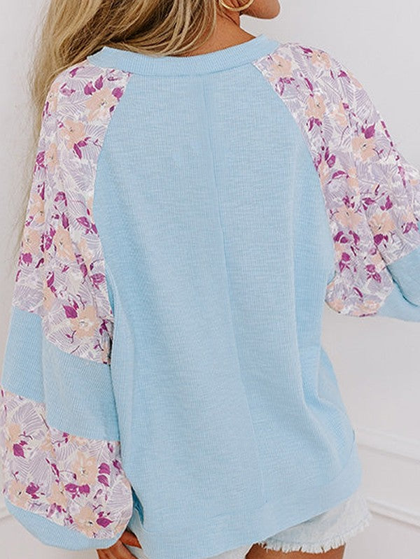 Cotton Ribbed Floral Stitch Balloon Pullover Sweatshirt