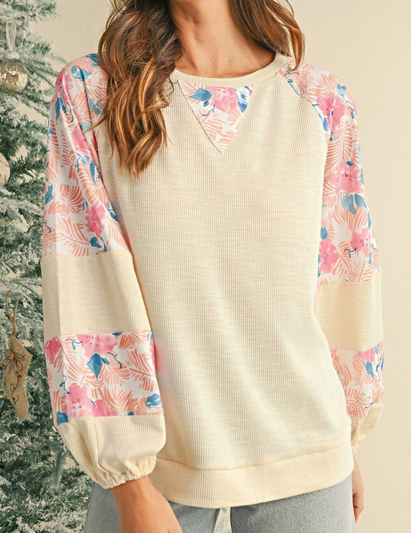 Cotton Ribbed Floral Stitch Balloon Pullover Sweatshirt
