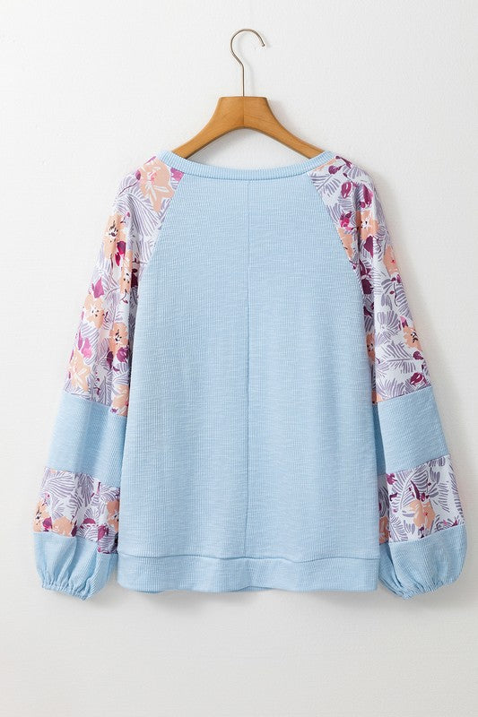 Cotton Ribbed Floral Stitch Balloon Pullover Sweatshirt