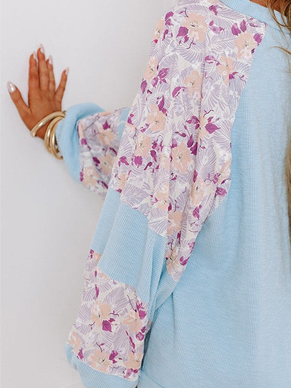 Cotton Ribbed Floral Stitch Balloon Pullover Sweatshirt
