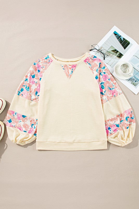 Cotton Ribbed Floral Stitch Balloon Pullover Sweatshirt