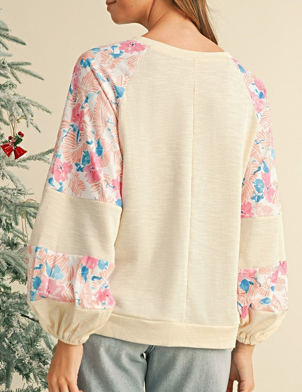 Cotton Ribbed Floral Stitch Balloon Pullover Sweatshirt