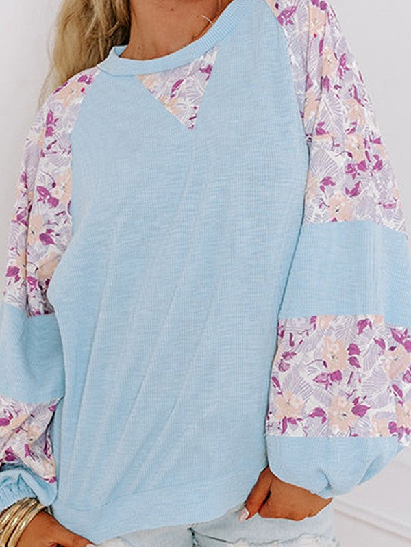 Cotton Ribbed Floral Stitch Balloon Pullover Sweatshirt