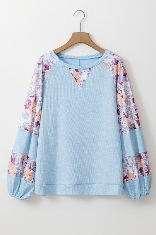 Cotton Ribbed Floral Stitch Balloon Pullover Sweatshirt