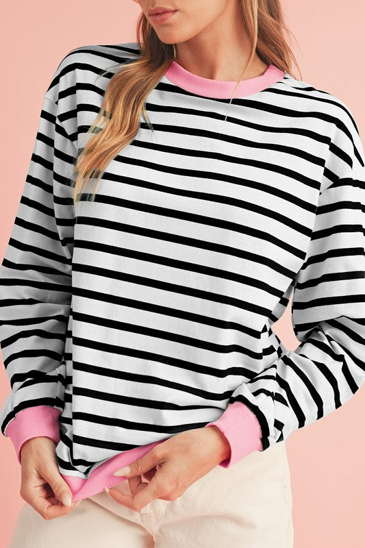 Cotton Stripe Vibrant Green Drop Shoulder Sweatshirt
