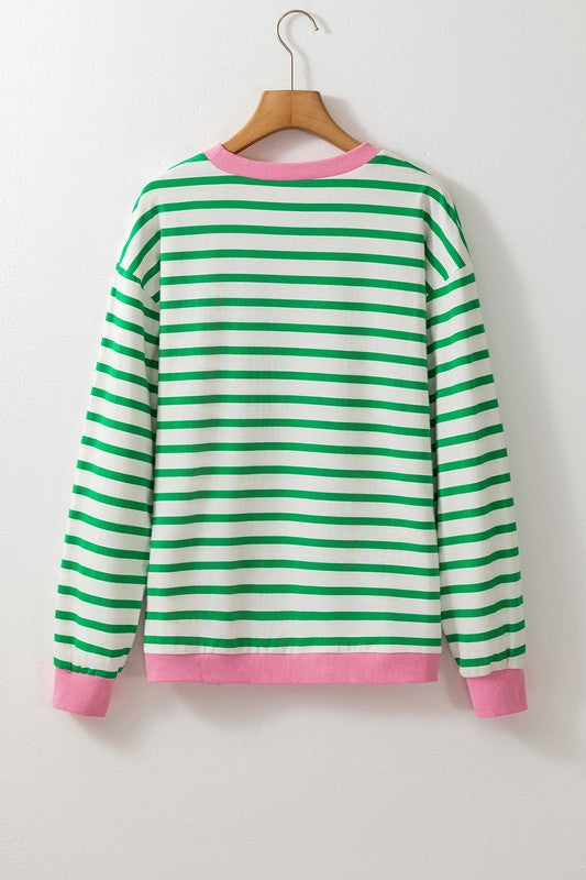 Cotton Stripe Vibrant Green Drop Shoulder Sweatshirt