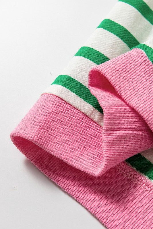 Cotton Stripe Vibrant Green Drop Shoulder Sweatshirt
