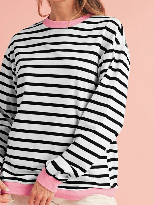 Cotton Stripe Vibrant Green Drop Shoulder Sweatshirt