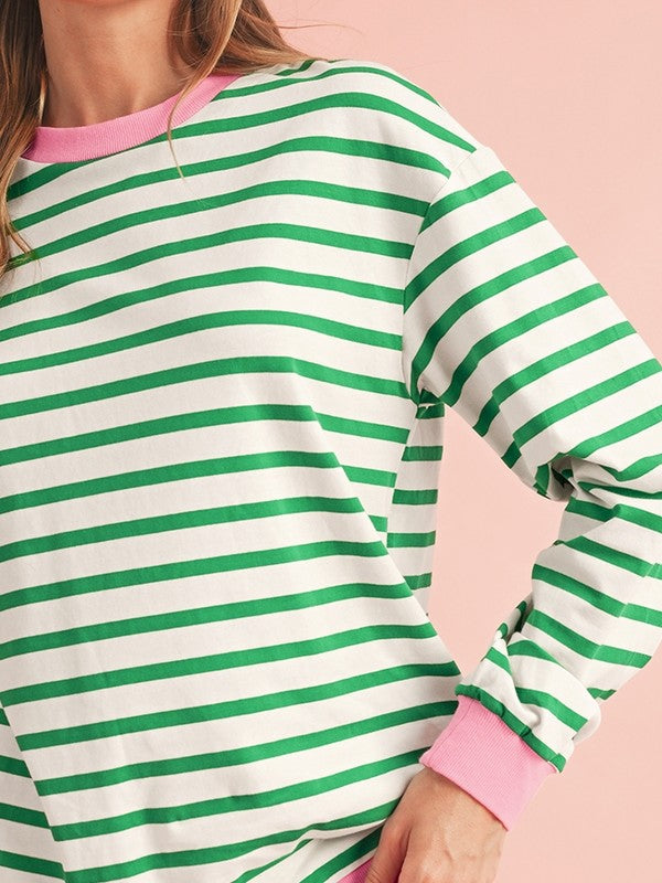 Cotton Stripe Vibrant Green Drop Shoulder Sweatshirt