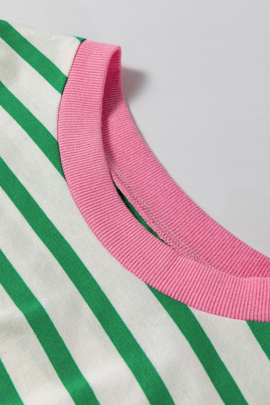 Cotton Stripe Vibrant Green Drop Shoulder Sweatshirt